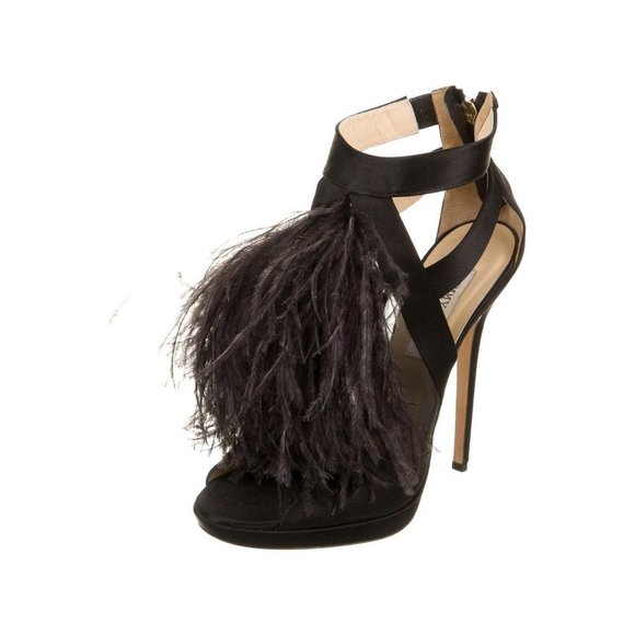 TAYLOR SWIFT Jimmy Choo Heels "TEAZER" Black Satin and Feather Sandals Size 39.5 - Picture 3 of 6